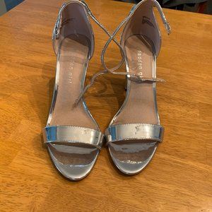 Metallic silver block heels